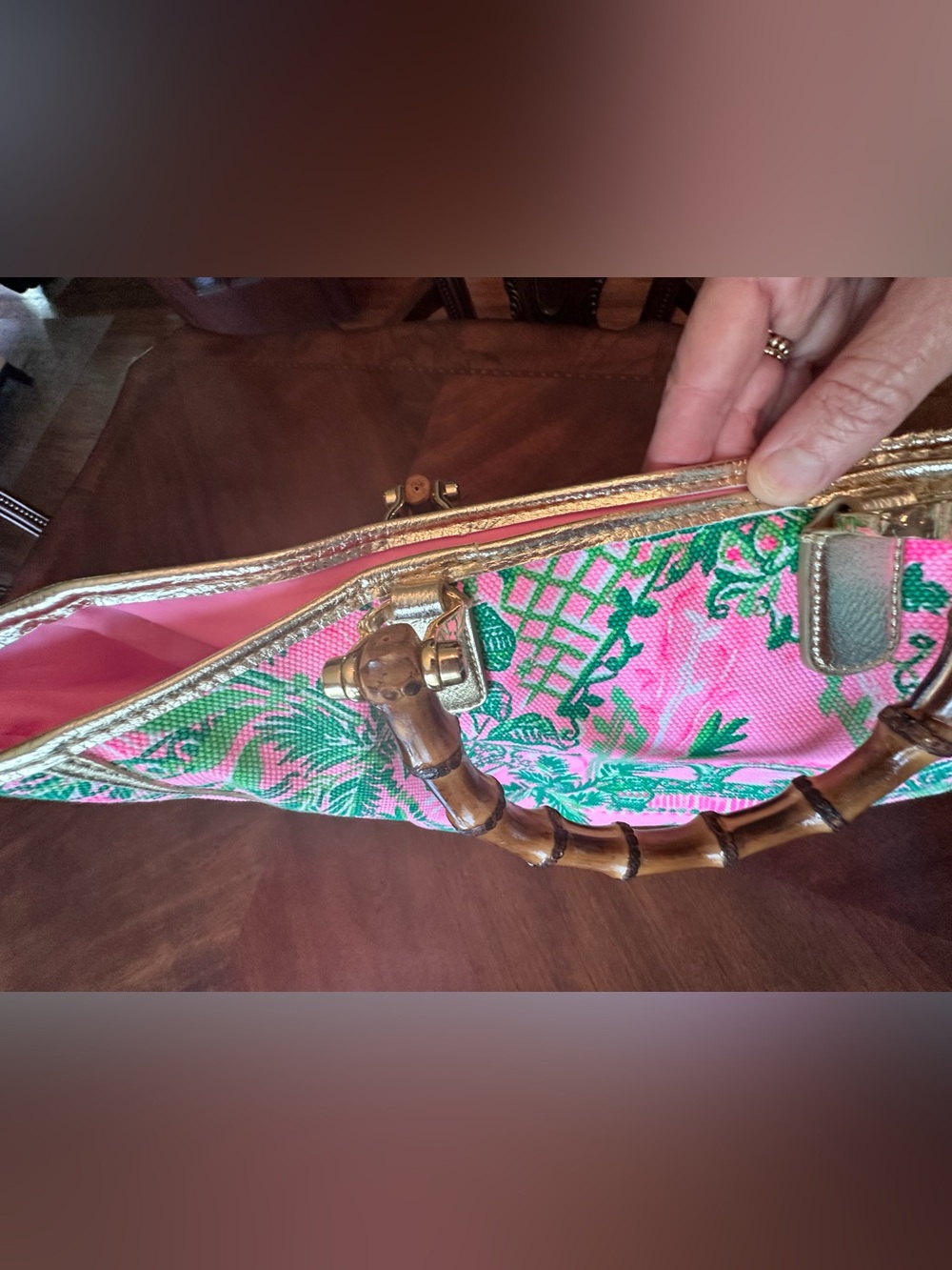 Lilly Pulitzer Pink & Green Tropical Canvas Tote with Bamboo Handles - Picture 4 of 8